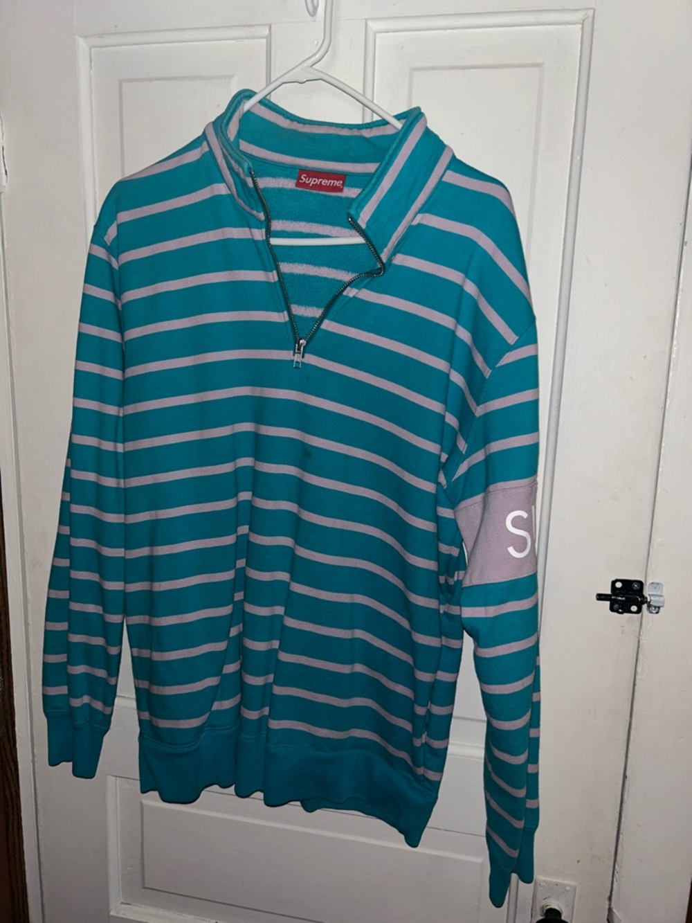 Supreme Teal and Light Gray Striped Quarter-Zip Pullover